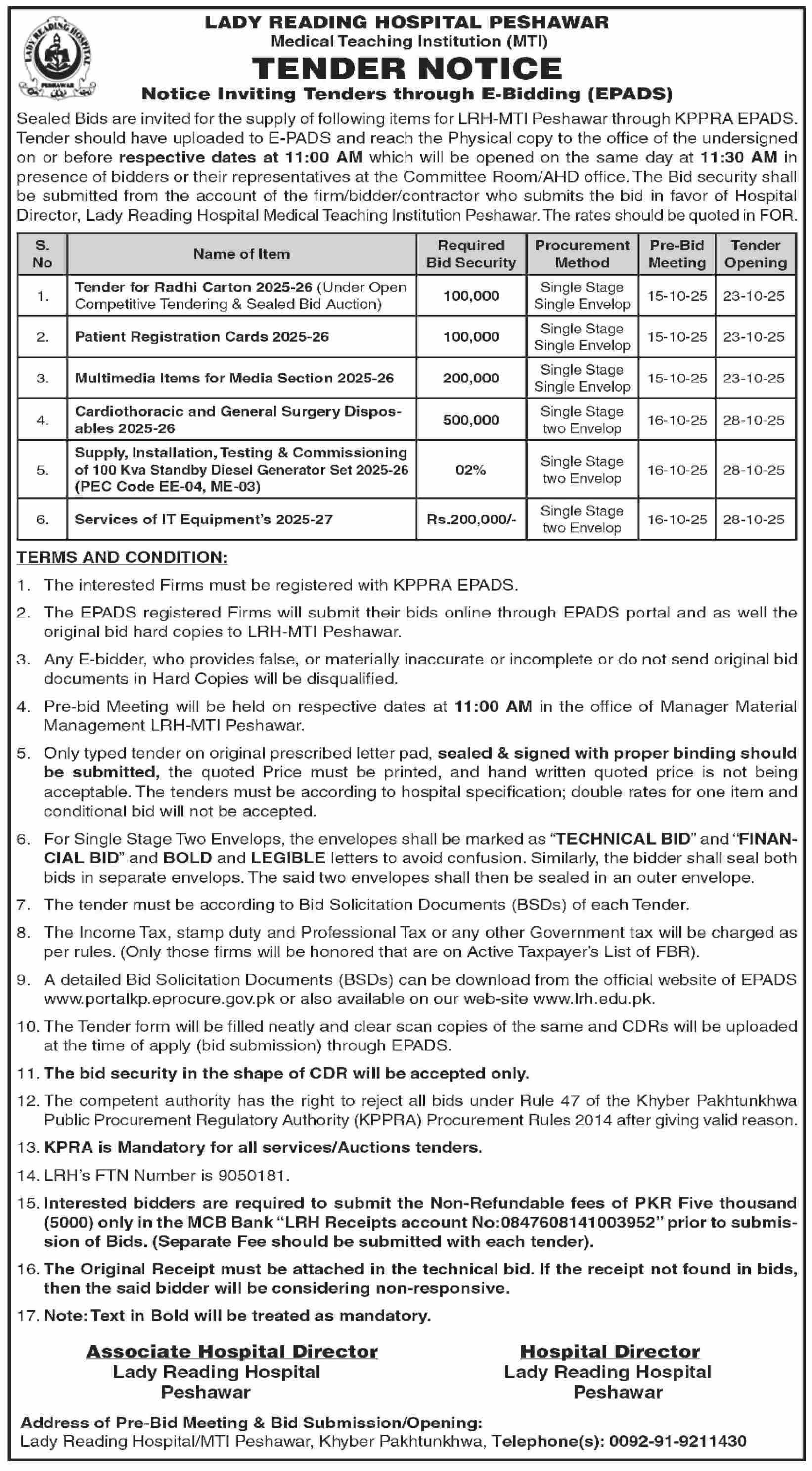 Lady Reading Hospital Peshawar Tender Notice